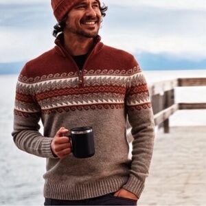Royal Robbins Arch Rock 1/4 Zip Pullover, brown tan Fair Isle print, size M